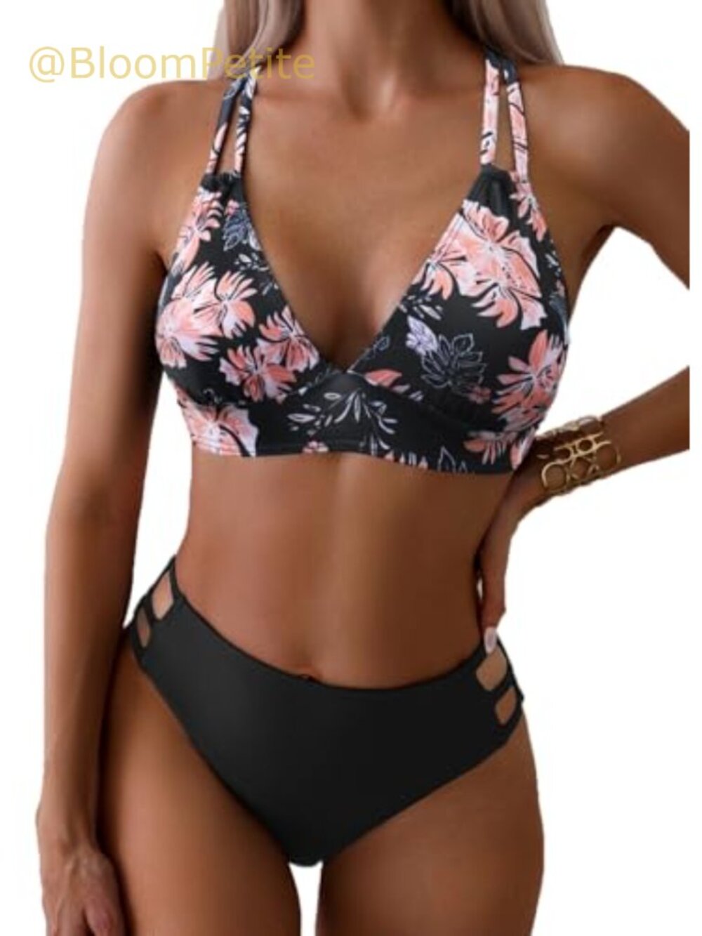V Neck Cutout Mid Waist Bikini Set Criss Cross Straps Two Piece Swimsuit